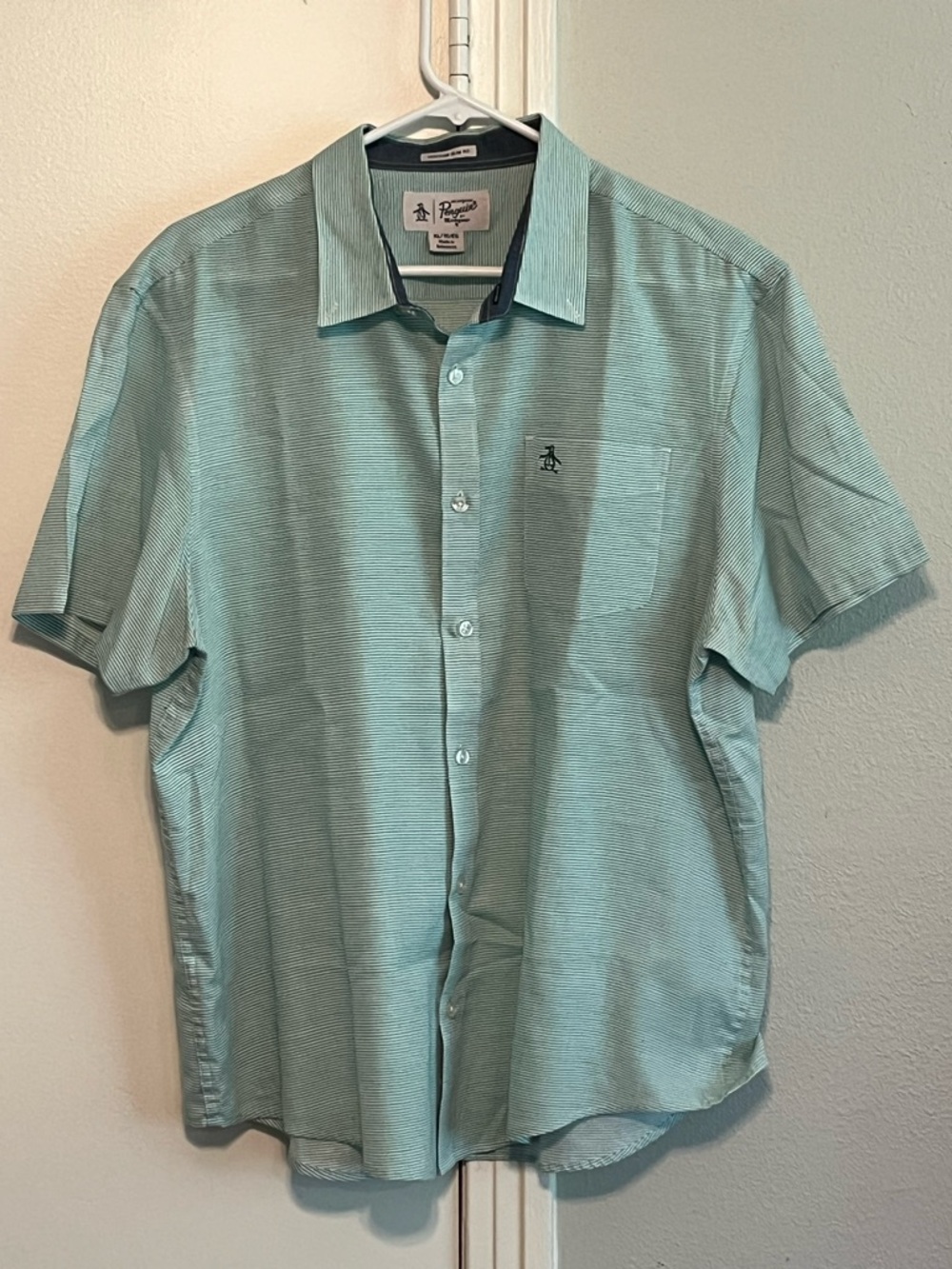 Original Penguin Short-Sleeve Button-Up Shirt - Mint Green Striped Slim Fit - XL